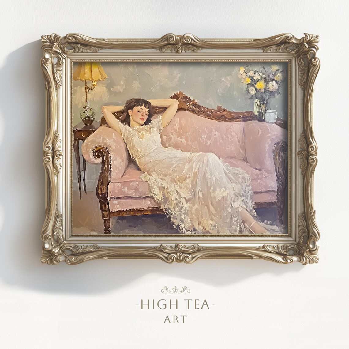 Vintage Woman Reclining Pink Sofa Elegant Oil Painting Art Poster