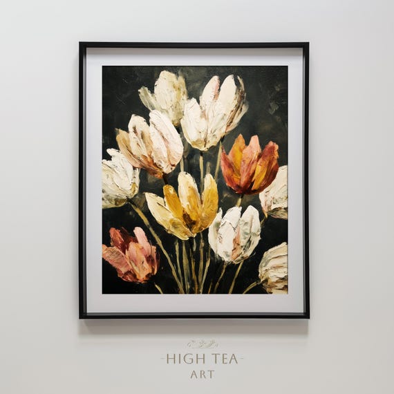 Abstract Tulips Oil Painting Art Print Pink White Yellow Flowers Neutral Muted Botanical Wall Decor Hta387