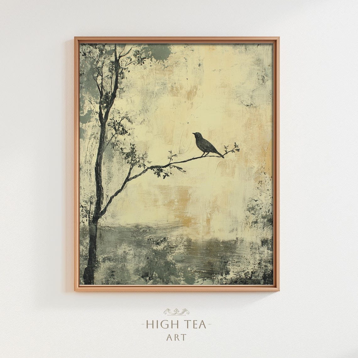 Lone Bird on Bare Branch in Rustic Parchment Tones Painting Poster