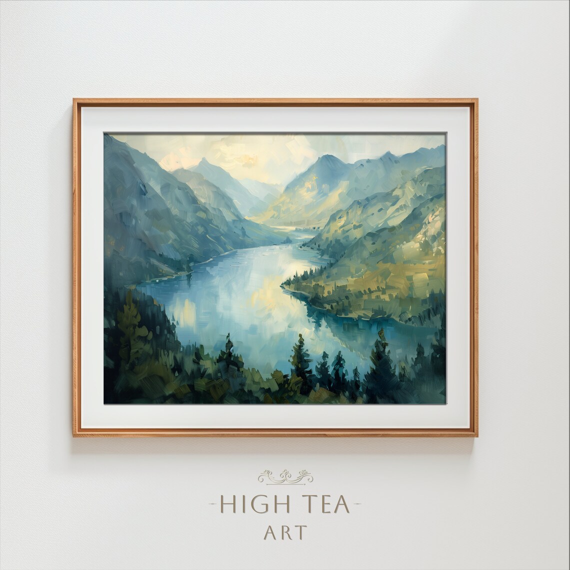 Fjord Mountain Lake Blue Mist Moody Landscape Oil Painting Poster