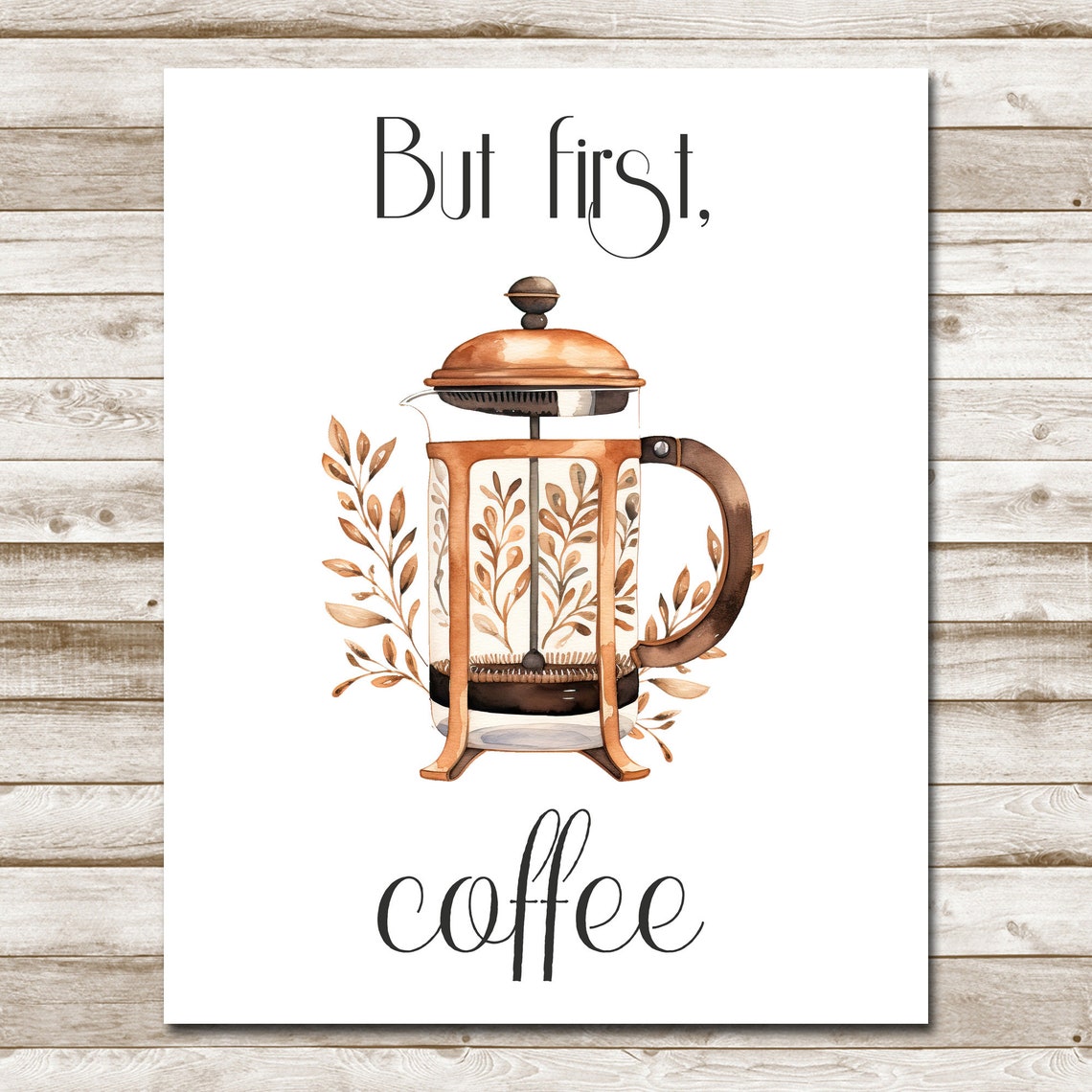 But First Coffee Copper French Press Watercolor Kitchen Poster - Image 4