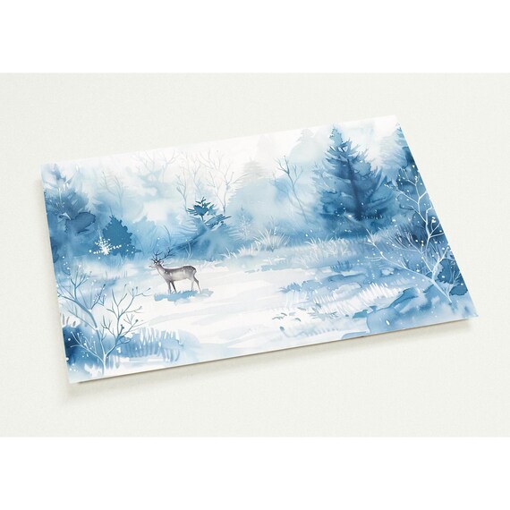 Serene Winter Deer Forest Watercolor Snowy Holiday Art Poster