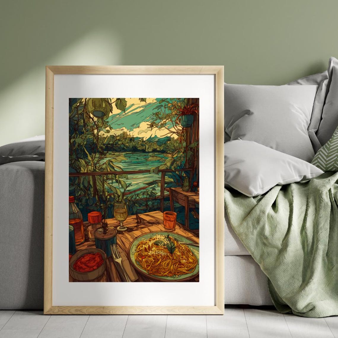 Italian Pasta Dinner Terrace Sea View Anime Style Illustration Poster