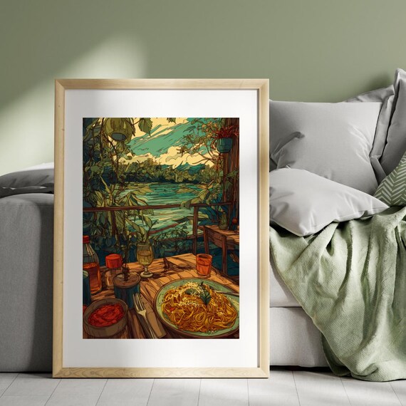 Italian Pasta Dinner Terrace Sea View Anime Style Illustration Poster