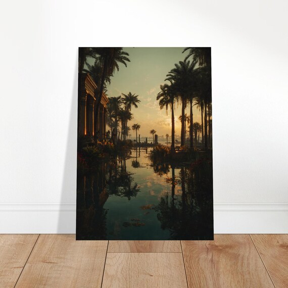 Ancient Egypt Sunset Poster Egyptian Temple Wall Art Historical Landscape Print Exotic Home Decor Illustration