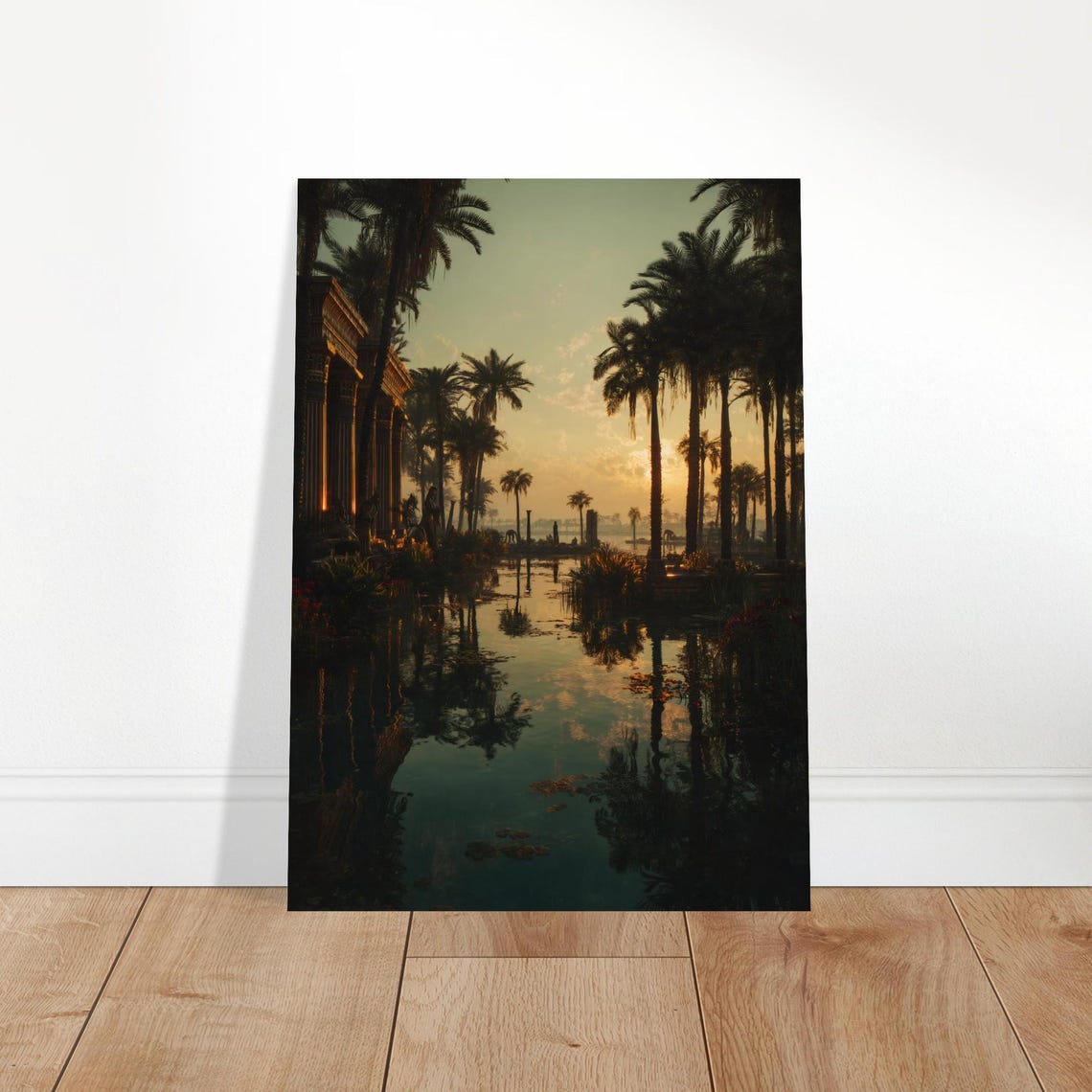 Ancient Egypt Sunset Palm Oasis Temple Columns Silhouette Print