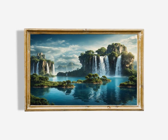 Surreal Waterfall Landscape Art Print Oil Painting Instant