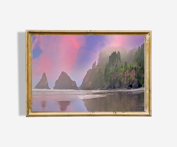 Misty Oregon Coast Sea Stacks Pink Sky Coastal Painting Poster