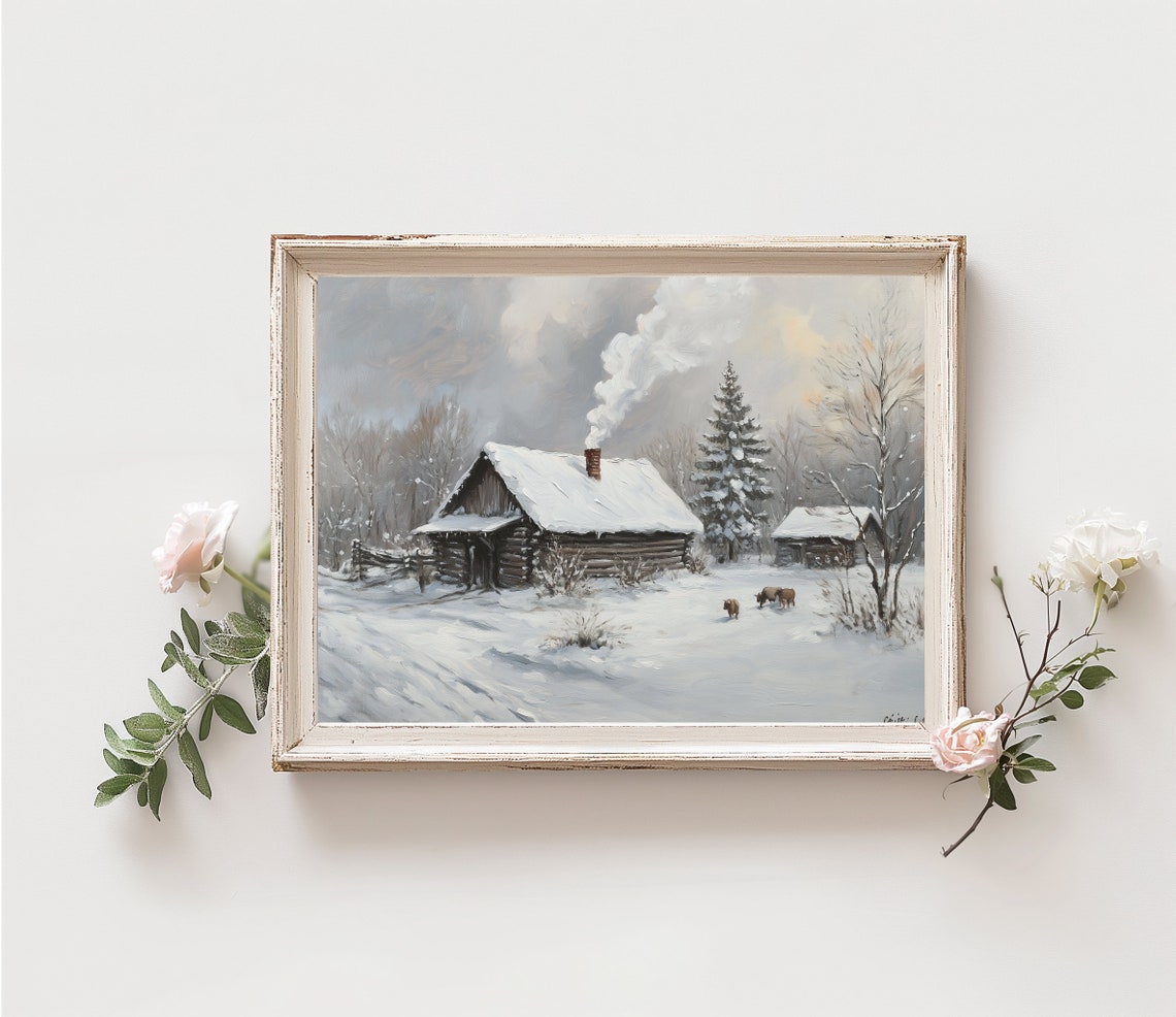 Rustic Log Cabin Snow Chimney Smoke Winter Farm Vintage Art Poster