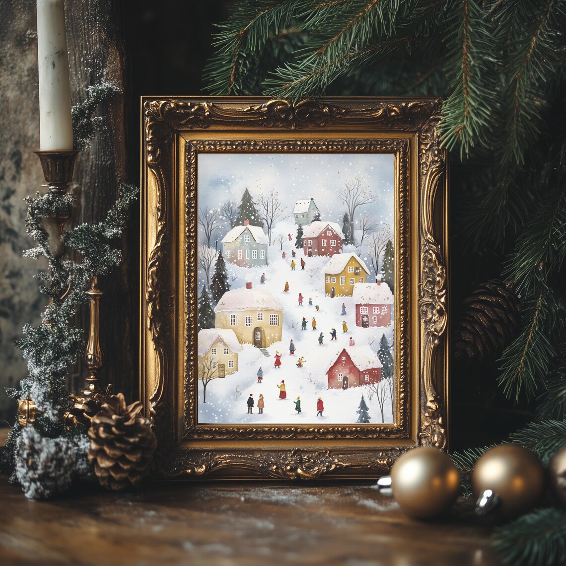 Christmas Village Wall Art Pink Christmas Print Watercolor Holiday Art Winter Village Print Pastel Pink Christmas Wall Decor - Image 4