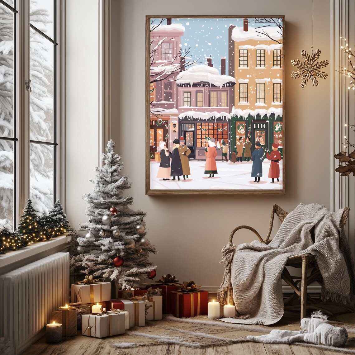Colorful Retro Christmas Street Decorated Shops Holiday Scene Poster - Image 3
