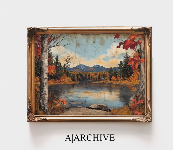 Autumn Mountain Lake Birch Trees Rustic Vintage Scenic Poster