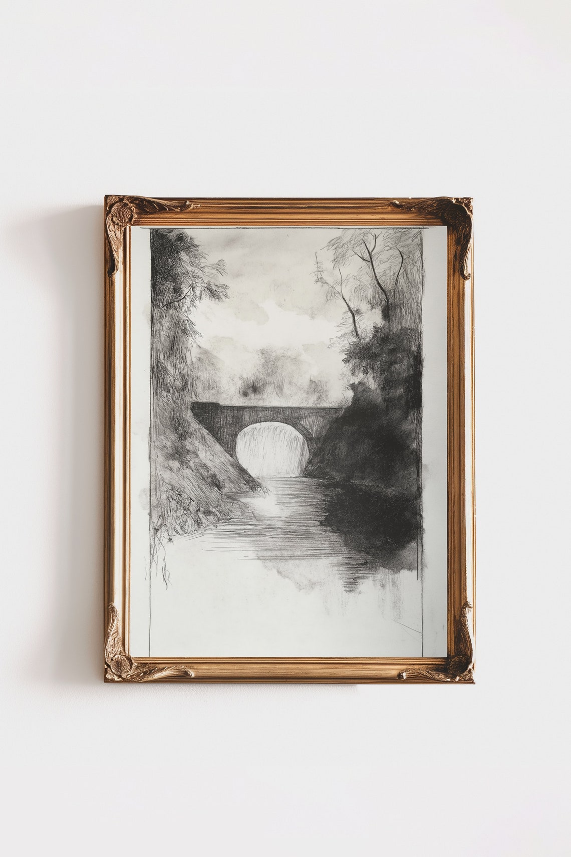 Charcoal Sketch Stone Arch Bridge Calm River Vintage Monochrome Poster - Image 2
