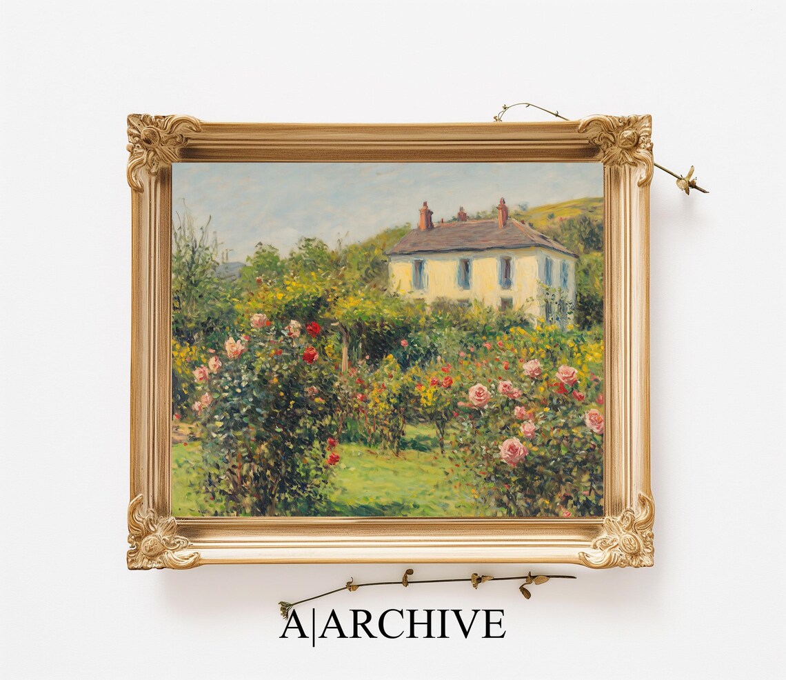 Sunny Cottage Garden with Pink Roses Vintage Oil Painting Poster - Image 3