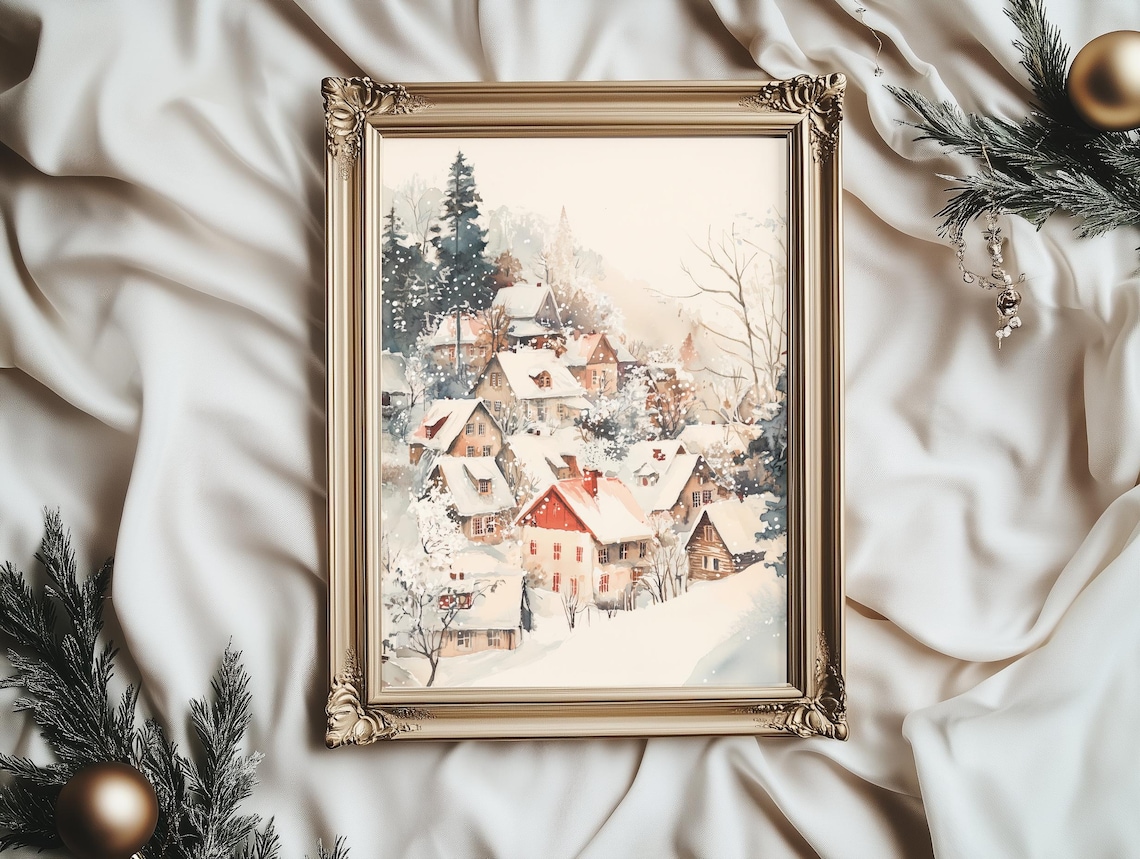 Snowy Christmas Village Watercolor Red Houses Winter Holiday Poster - Image 2