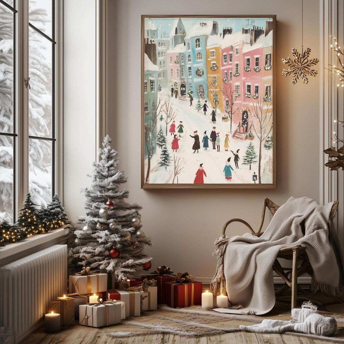 Colorful Pastel Christmas Street Carolers Wreaths Winter Town Poster - Image 3