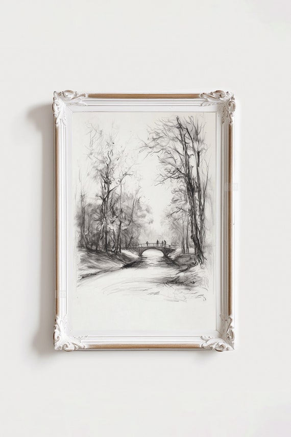Landscape Sketch Vintage Etching, Bridge and Trees