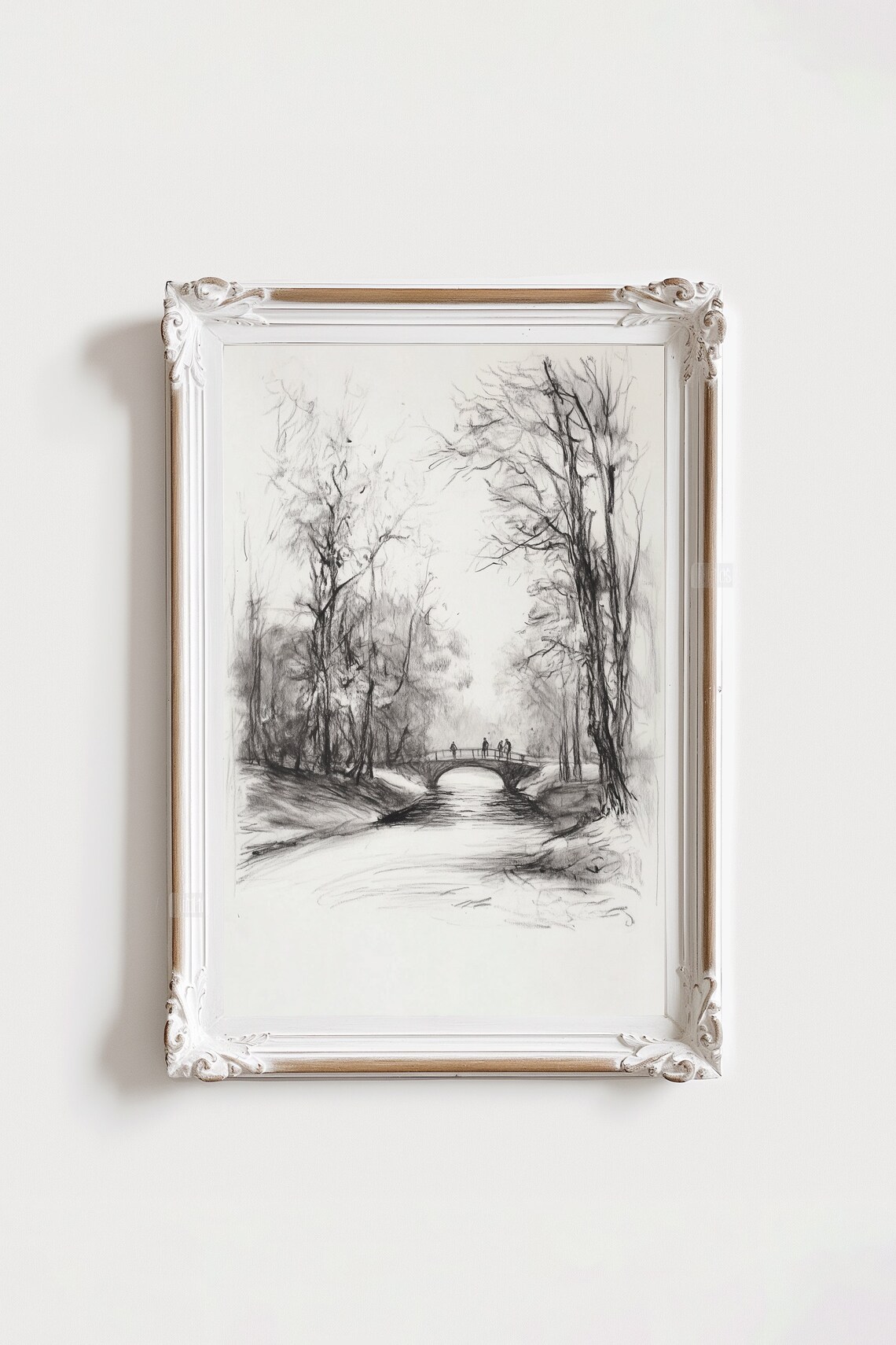 Landscape Sketch Vintage Etching, Bridge and Trees