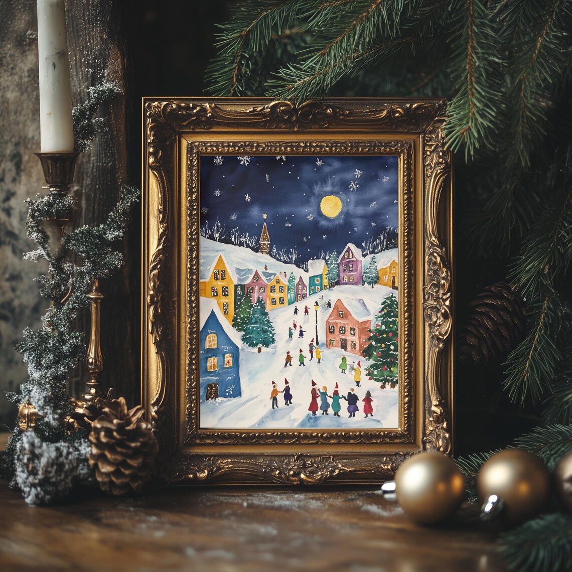 Pink Christmas Village Night Scene Moonlit Watercolor Holiday Poster - Image 4