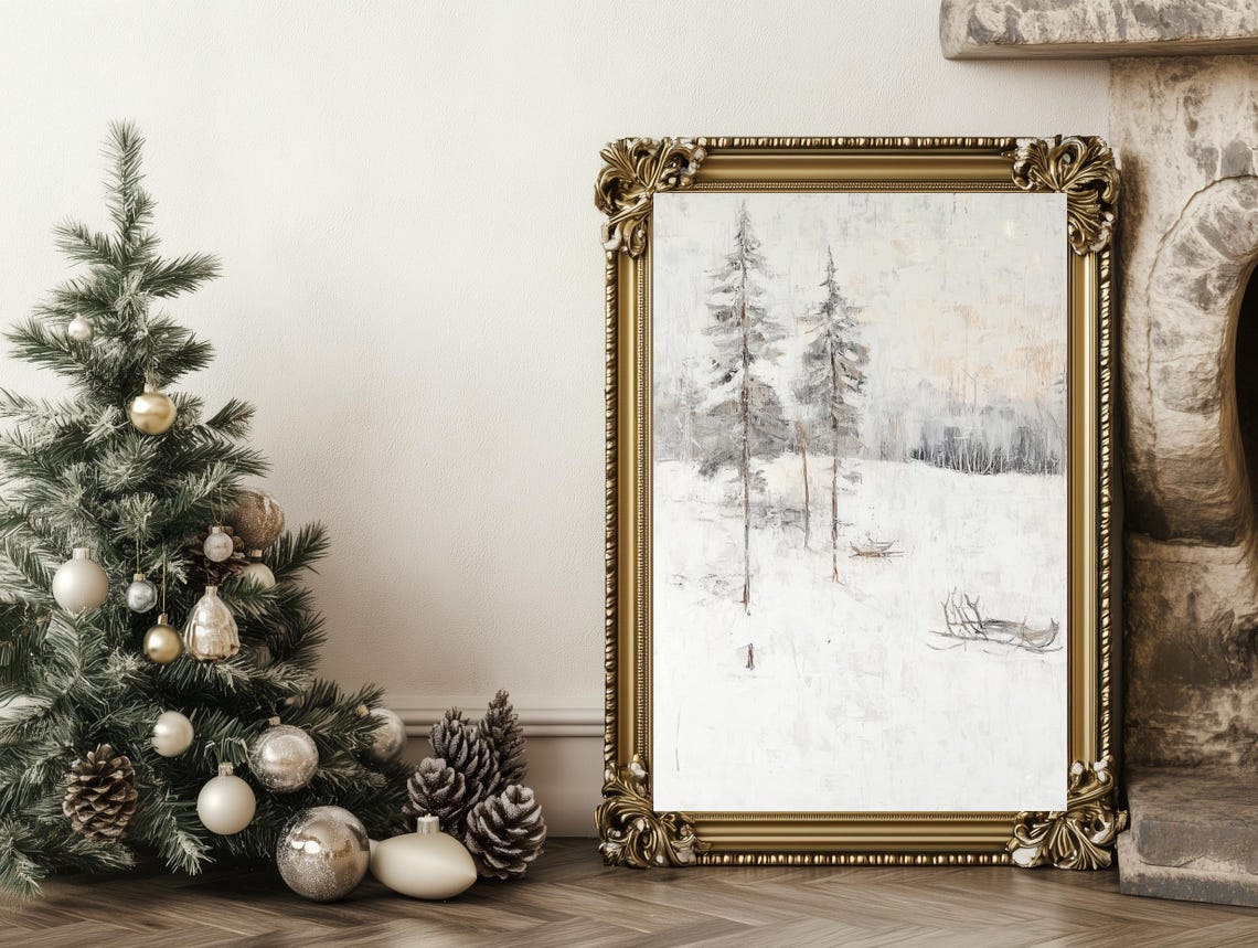 Twin Pines in a Snowy Meadow Vintage Winter Landscape Poster - Image 4