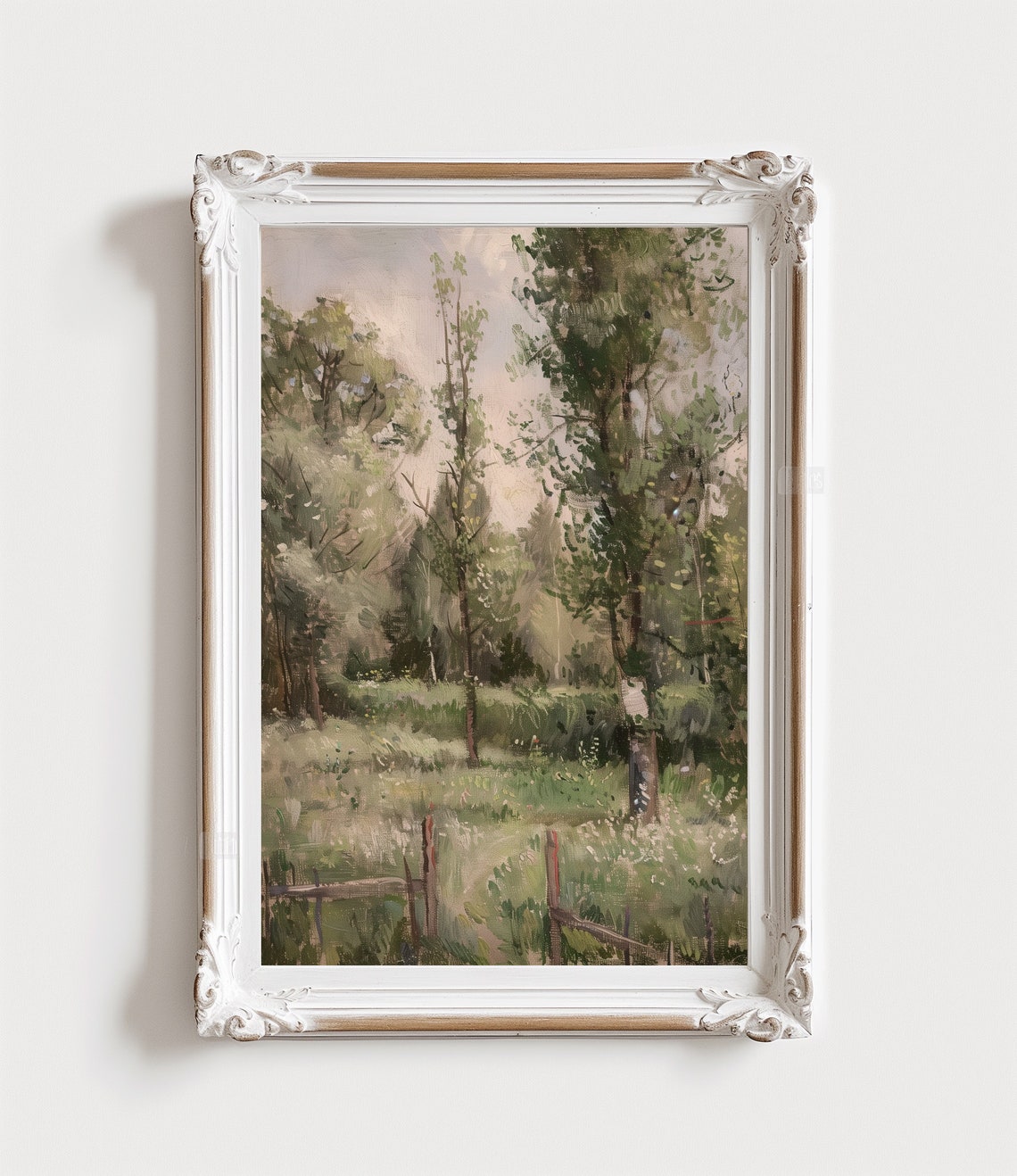 Impressionist Tree Meadow Painting Wooden Fence Vintage Print - Image 4