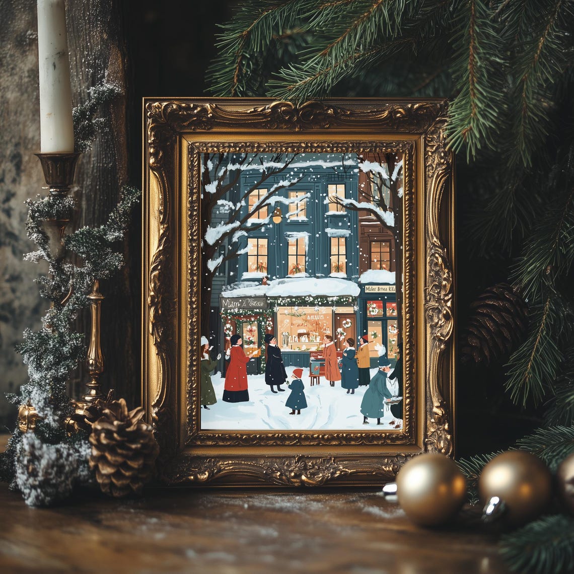 Snowy Christmas Shopfront Night Shoppers Festive Storefront Poster - Image 4