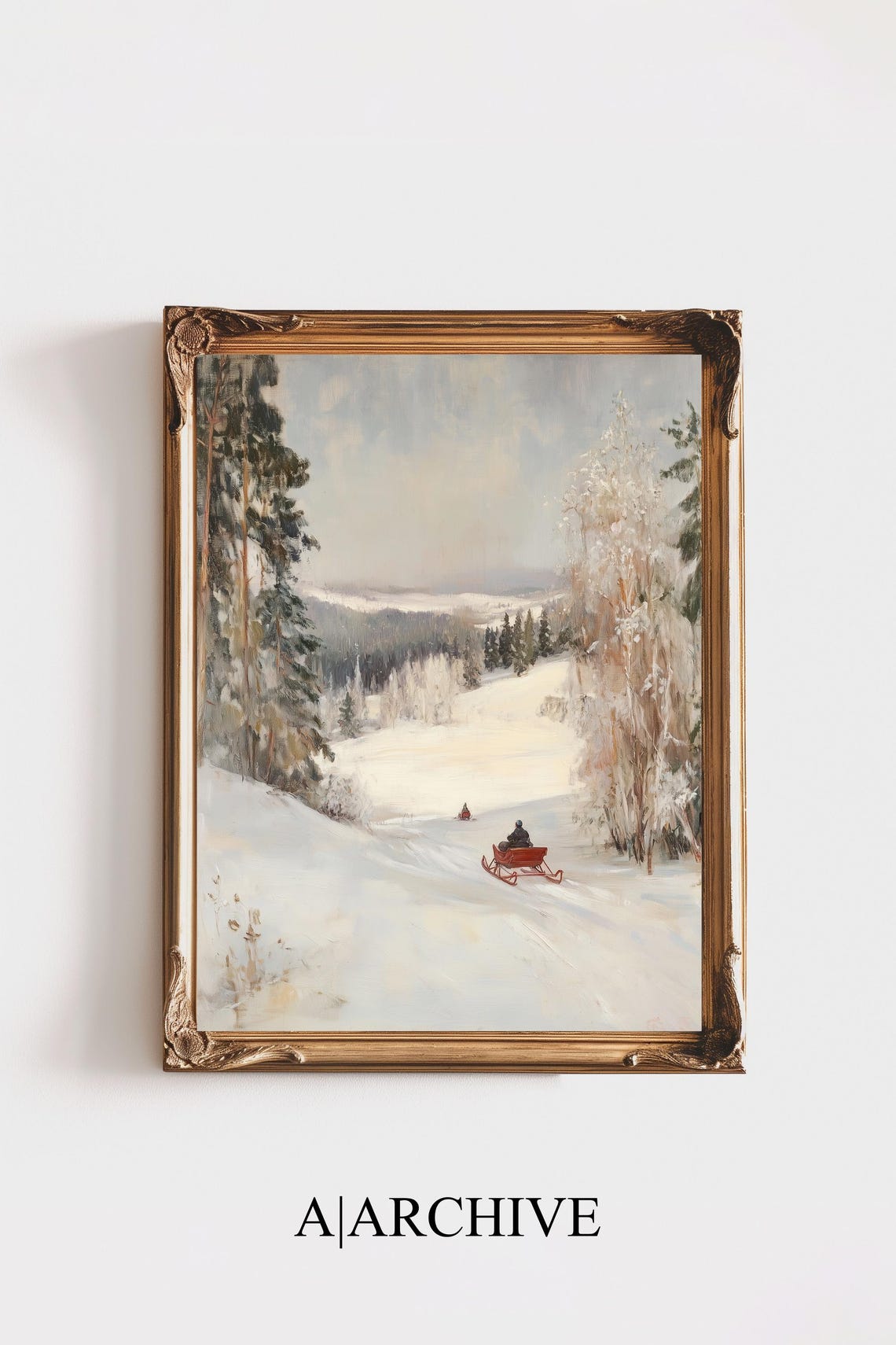 Red Sleigh Rider Snowy Winter Valley Pines Vintage Christmas Poster