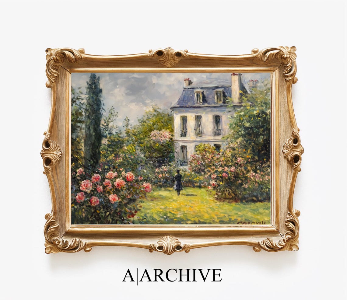 Village Cottage Rose Garden with Cypress Vintage Oil Art Poster - Image 3