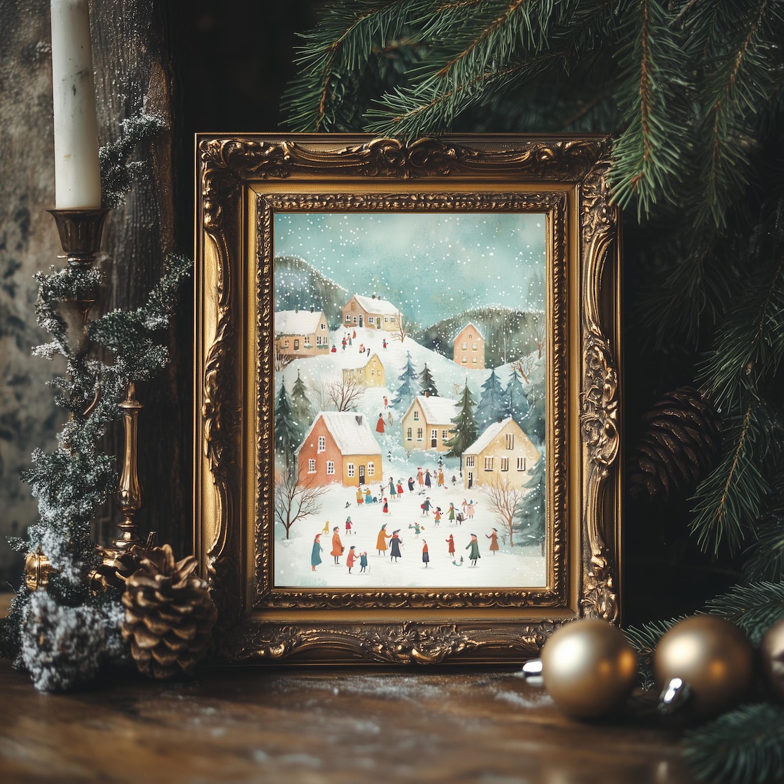 Pastel Christmas Village Children Skating Snowy Teal Sky Poster - Image 4