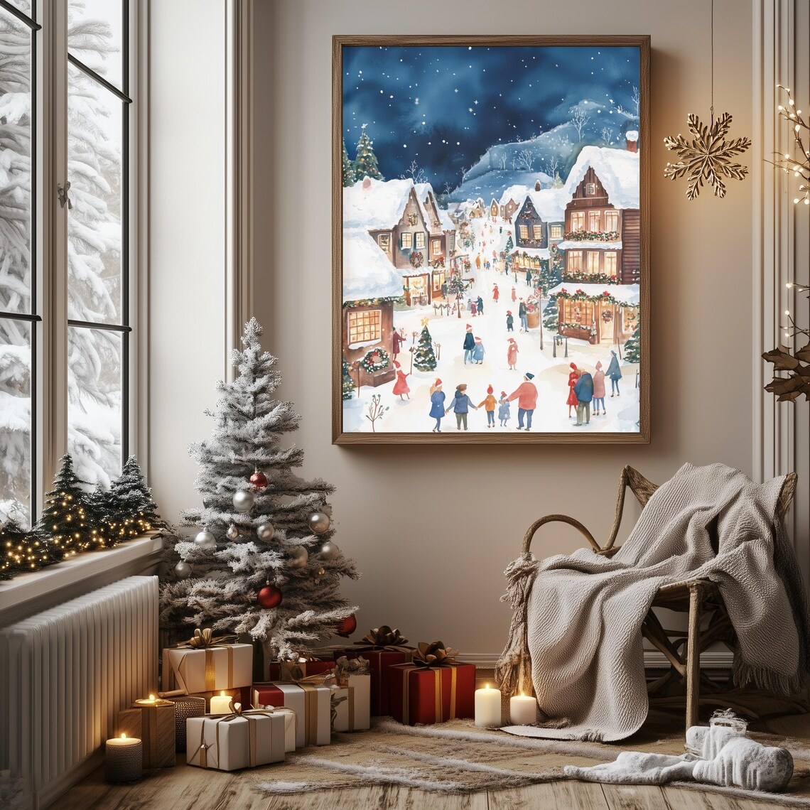 Christmas Village Main Street Night Scene Watercolor Holiday Poster - Image 3