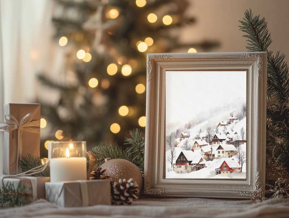 Misty Winter Village Hillside Scene Watercolor Snowy Christmas Poster - Image 4