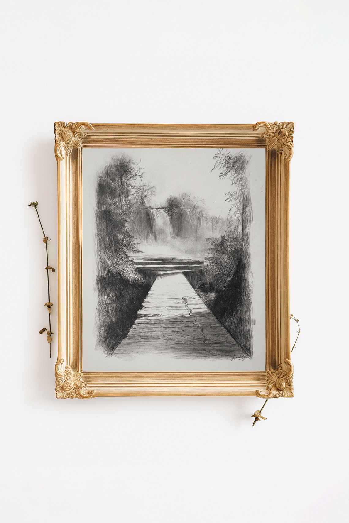 Charcoal Sketch Bridge And Trees Sketch Vintage Landscape Etching Drawing For Wall Decor - Image 2