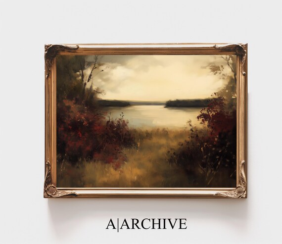 Moody Fall Print Autumn Lake Painting Vintage Landscape Wall Art Fall Nature Scene For Rustic Home Decor