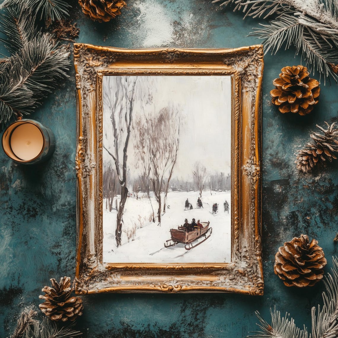 Vintage Horse Sleighs Snowy Field Birch Trees Winter Landscape Poster - Image 2