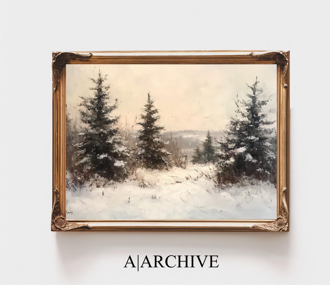 Snowy Pine Trees Winter Clearing Soft Pale Sky Landscape Poster