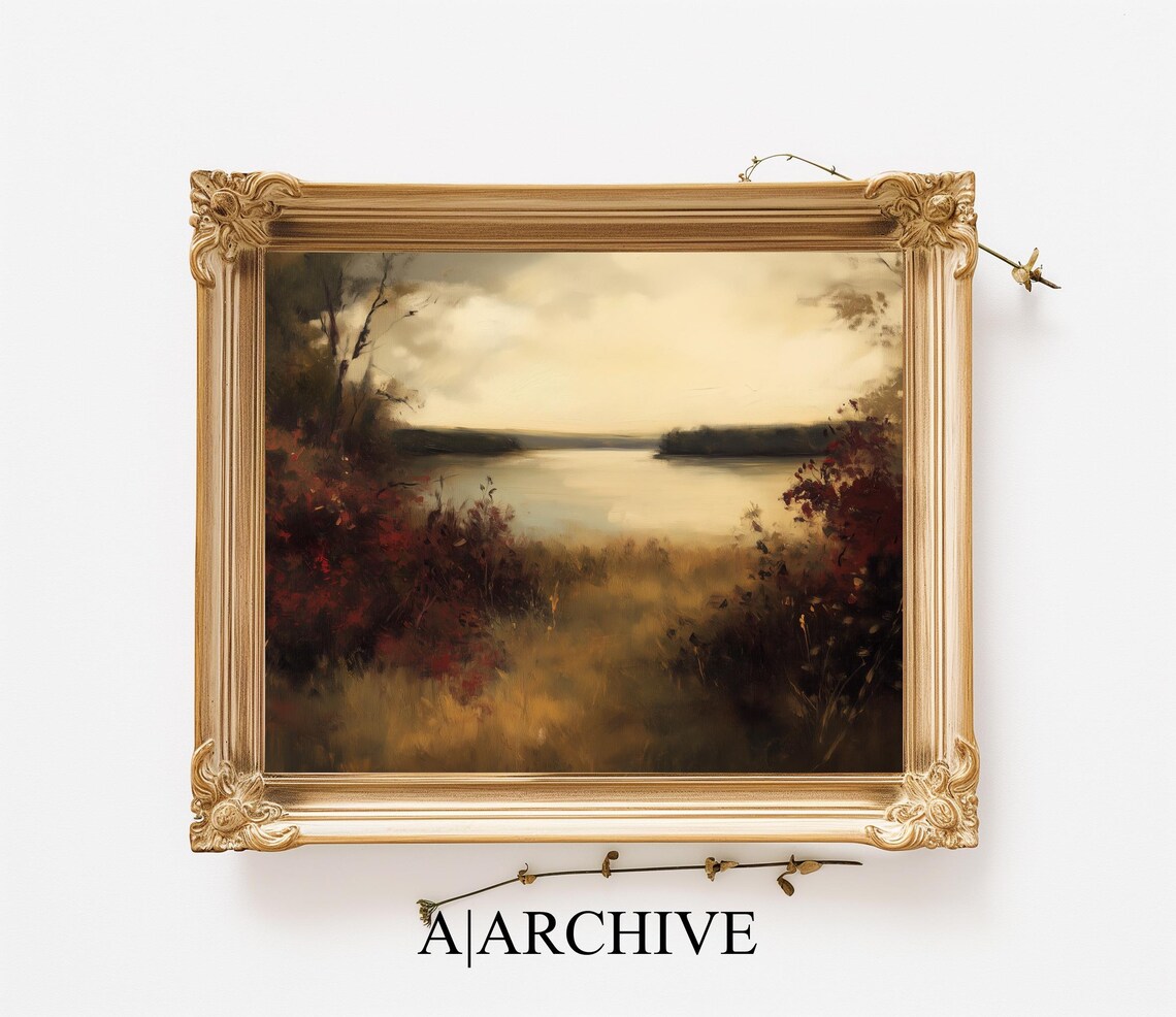 Moody Autumn Lake Landscape Vintage Golden Hour Oil Painting Poster - Image 3