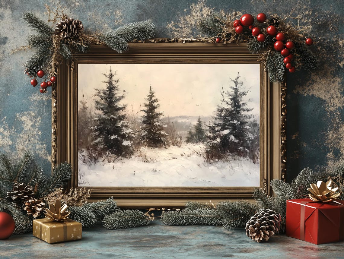 Snowy Pine Trees Winter Clearing Soft Pale Sky Landscape Poster - Image 4