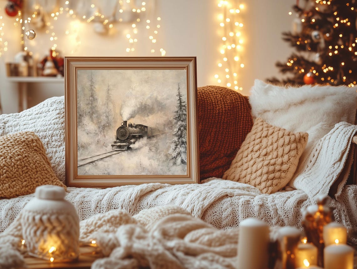 Vintage Steam Train Winter Forest Scene Snowy Christmas Poster - Image 2