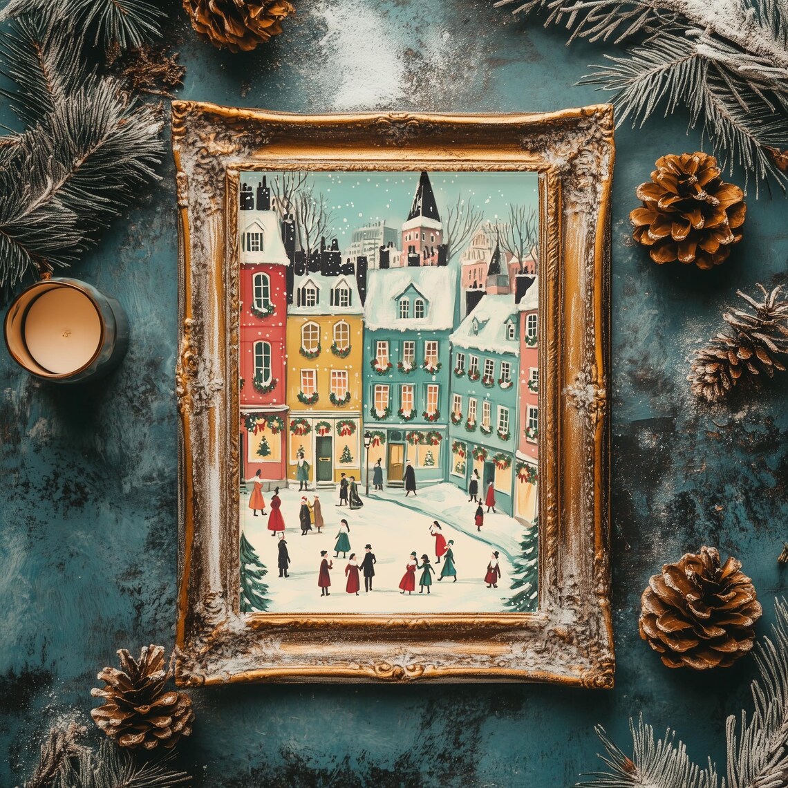 Colorful Christmas Town Square Wreaths Happy People Winter Poster - Image 2