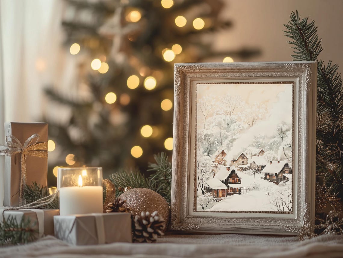Rustic Winter Cabins Snow Scene Watercolor Christmas Holiday Poster - Image 4