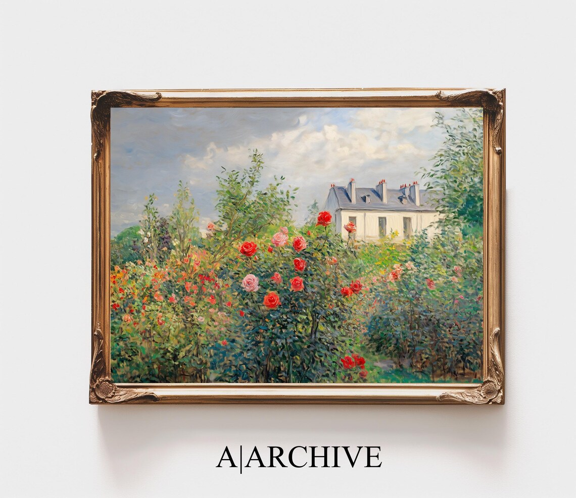 Red Roses and Village House in Summer Vintage Oil Painting Poster - Image 4