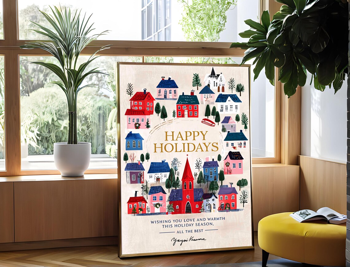 Yayoi Kusama Happy Holidays Cozy Winter Village Christmas Art Poster - Image 5