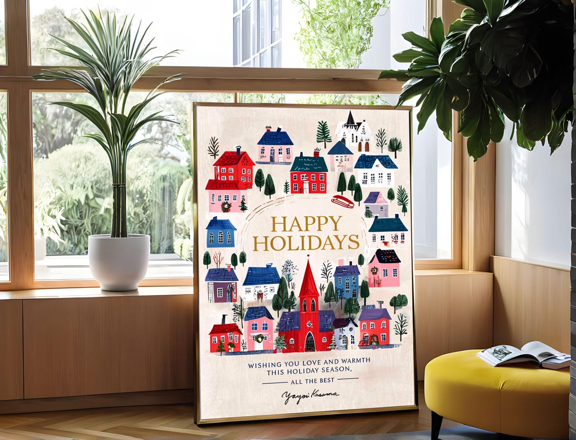 Yayoi Kusama Poster Happy Holidays Cozy Winter Village Art Print Yayoi Kusama Holiday Print Winter Village Cozy Decor Festive Art - Image 5