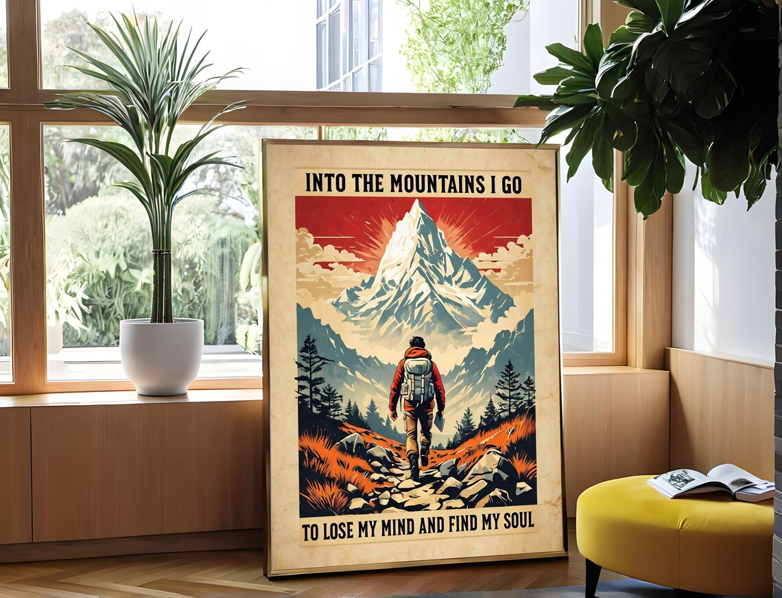 Into The Mountains I Go Vintage Hiker Snowy Peak Adventure Poster - Image 5