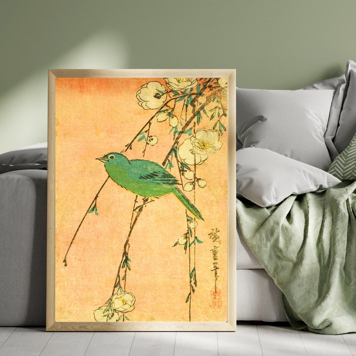 Vintage Japanese Green Bird Blossom Branch Botanical Art Poster - Image 2