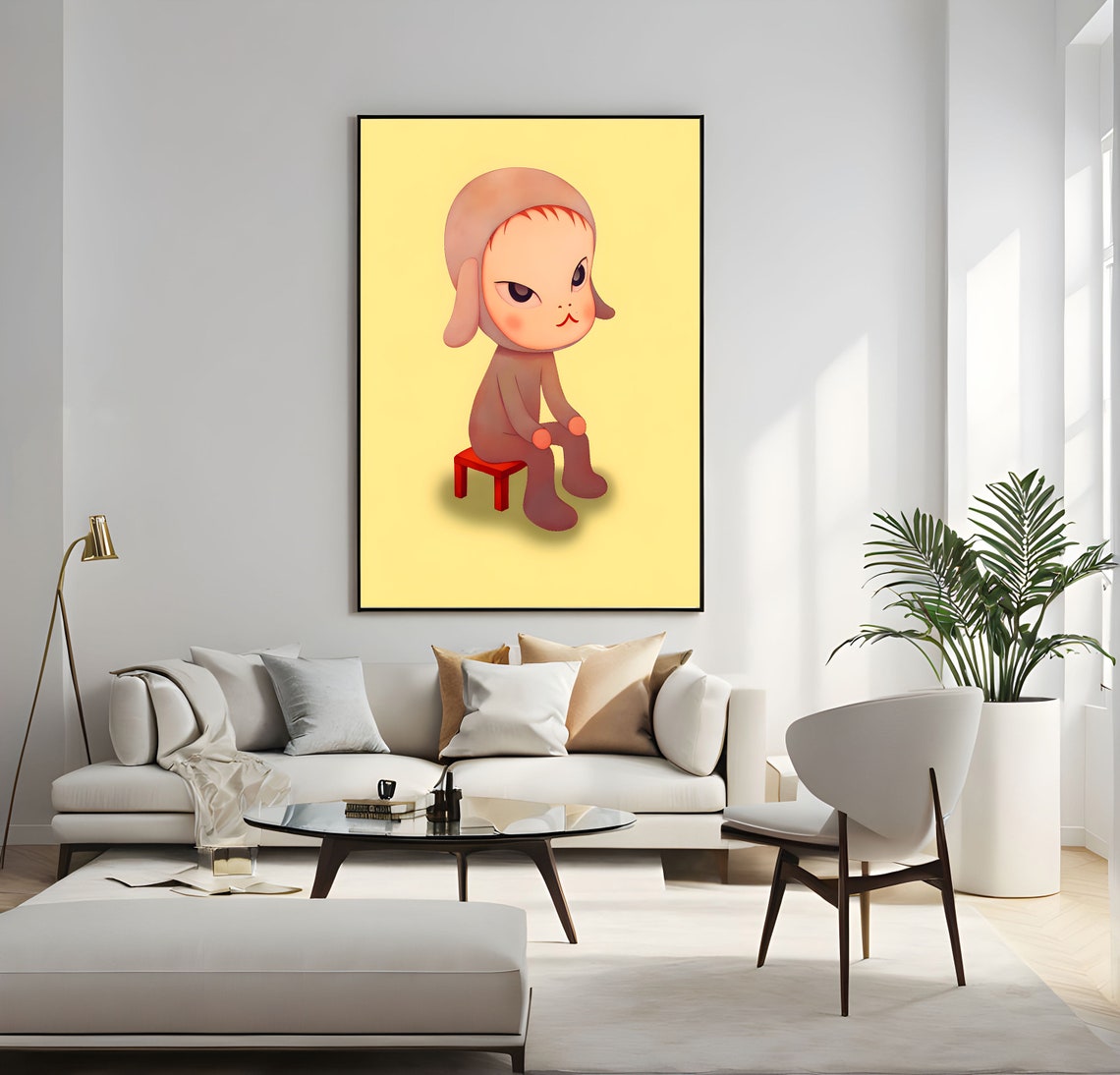 Yoshitomo Nara Whimsical Child Sitting on Red Stool Yellow Poster - Image 3