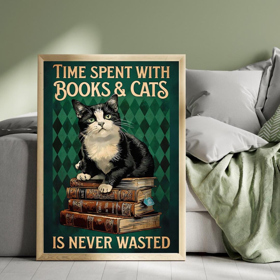Time Spent With Books and Cats Tuxedo Cat Vintage Quote Art Poster - Image 3