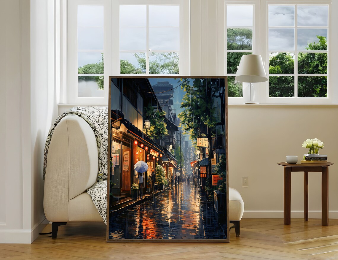 Kyoto Street Night Rain Lantern Glow Japanese Cityscape Poster - Image 2