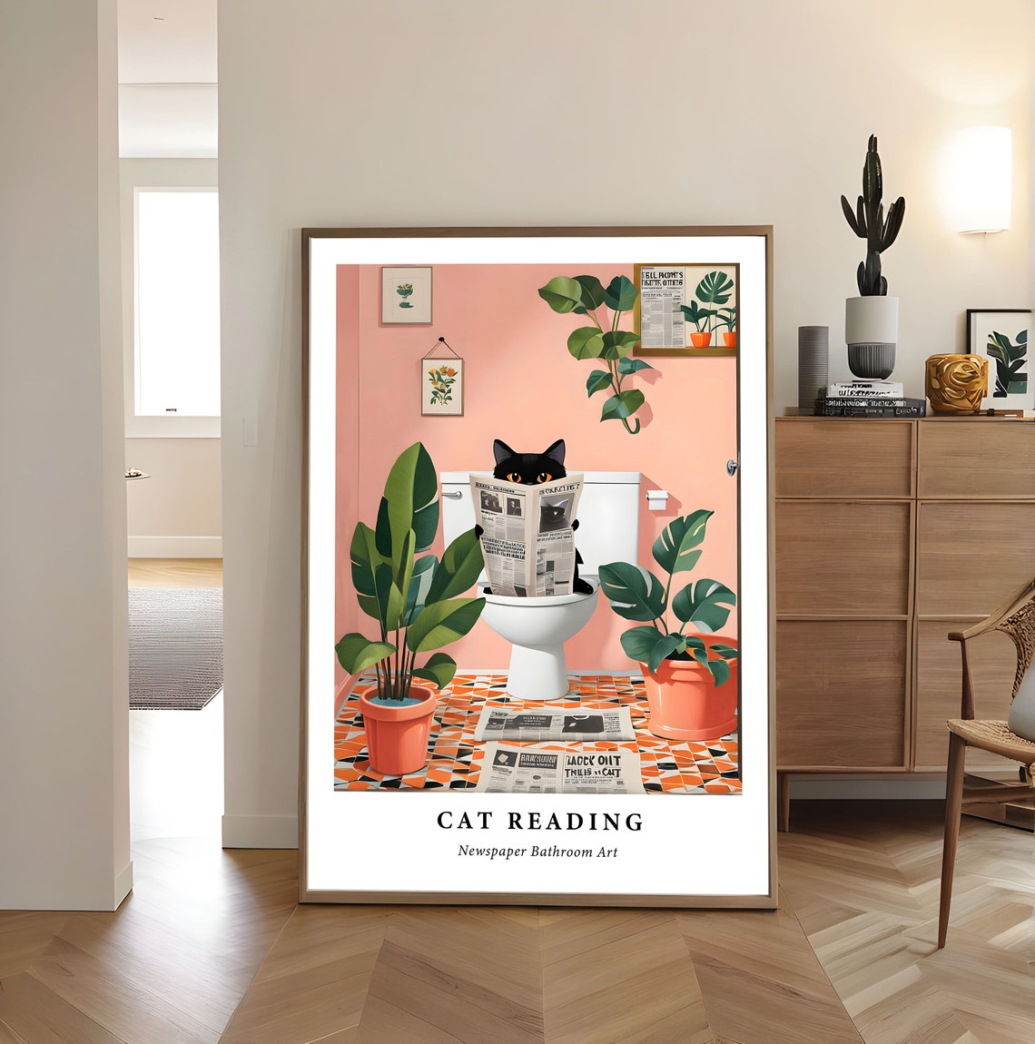 Black Cat Reading Newspaper on Toilet Funny Bathroom Decor Wall Art - Image 5