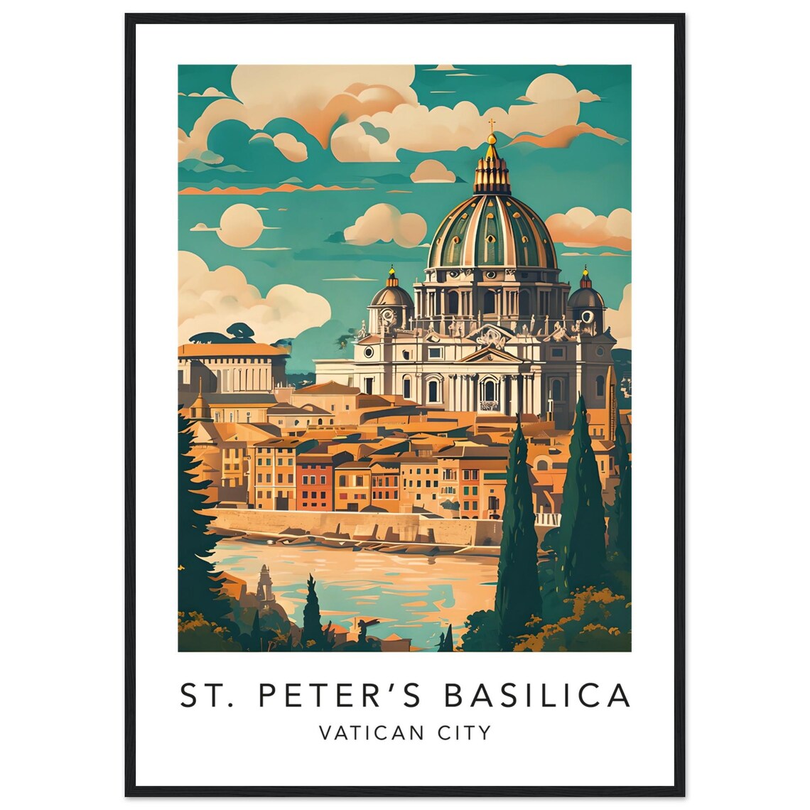 St Peters Basilica Vatican City Vintage Travel Poster Retro Illustration Landmark